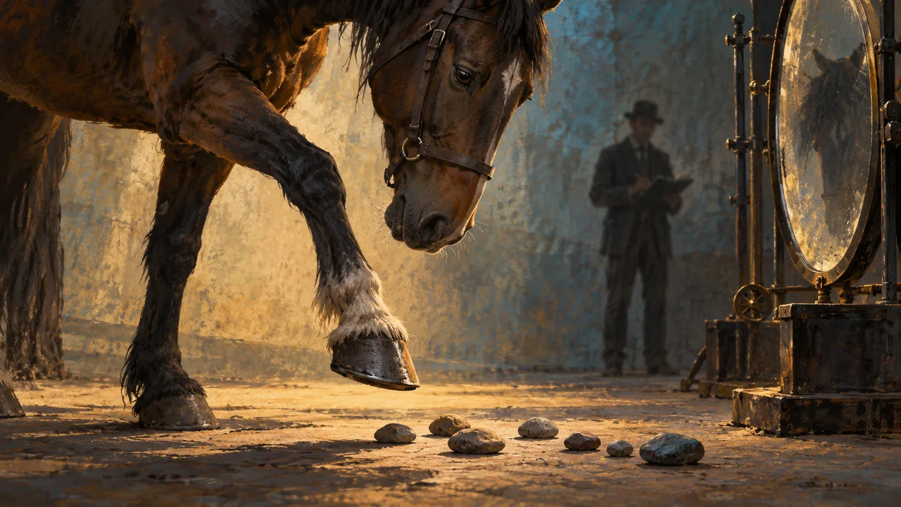 Un caballo ante piedras de contar y un espejo mecánico, en una escena ilustrada.