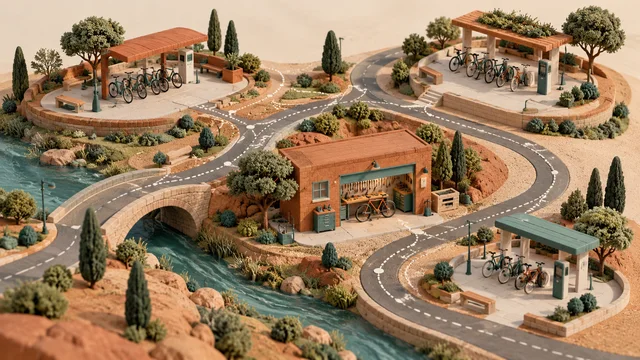 Maqueta de tres estaciones de bicicletas conectadas por caminos.