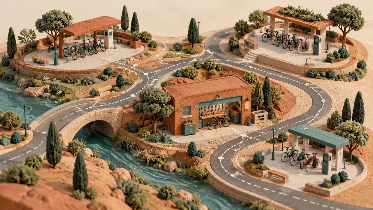 A miniature model of three bicycle stations connected by roads.