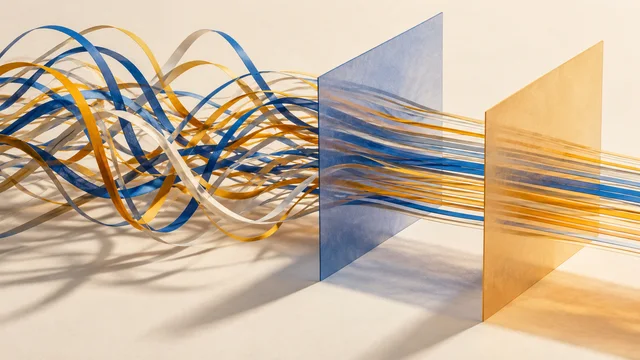 Hilos de colores que se alinean sobre planos translúcidos.