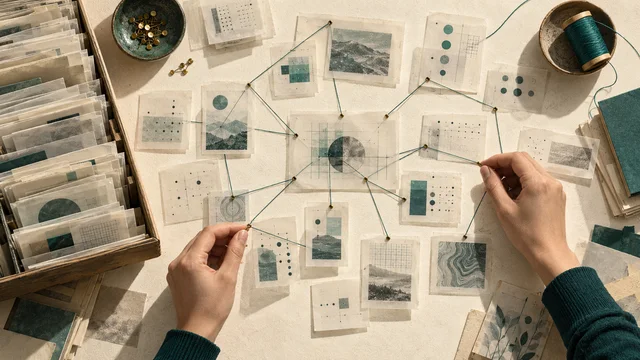 Fichas de un archivo conectadas por hilos sobre una mesa.